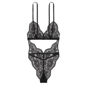 NWT Victoria's Secret Black Lace Bodysuit Unlined Cutout Lace Teddy Size S